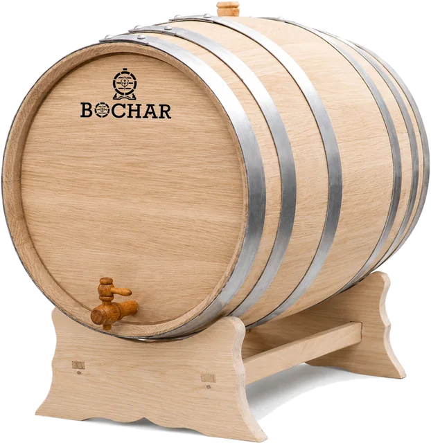 Thùng gỗ sồi Bochar 100 lít để mộc, đặt trên giá đỡ gỗ sồi